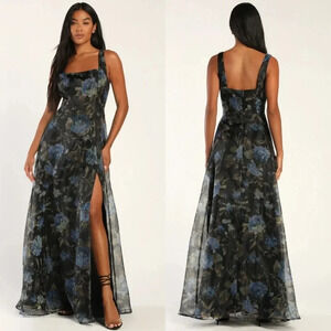 Lulus Stunning Elegance Black Floral Print Organza Maxi Dress XL Wedding Party